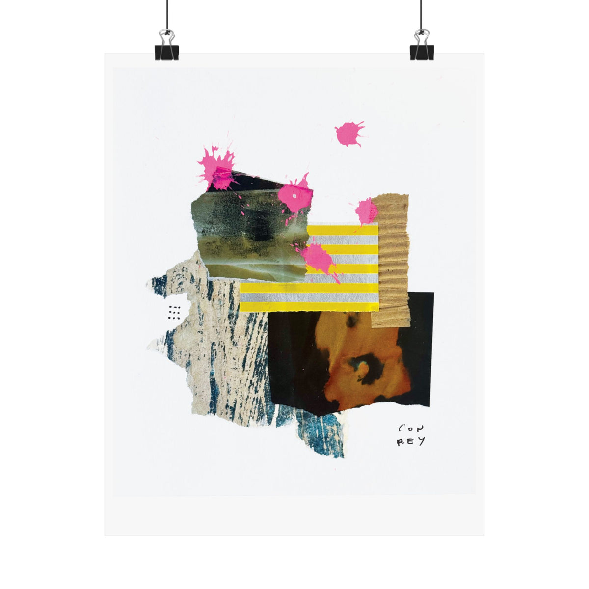 An abstract collage art print against a white background. The artwork features a textured, layered composition with pink paint splatters, yellow stripes, a blue-and-white marbled shape, and a black-and-brown abstract section.