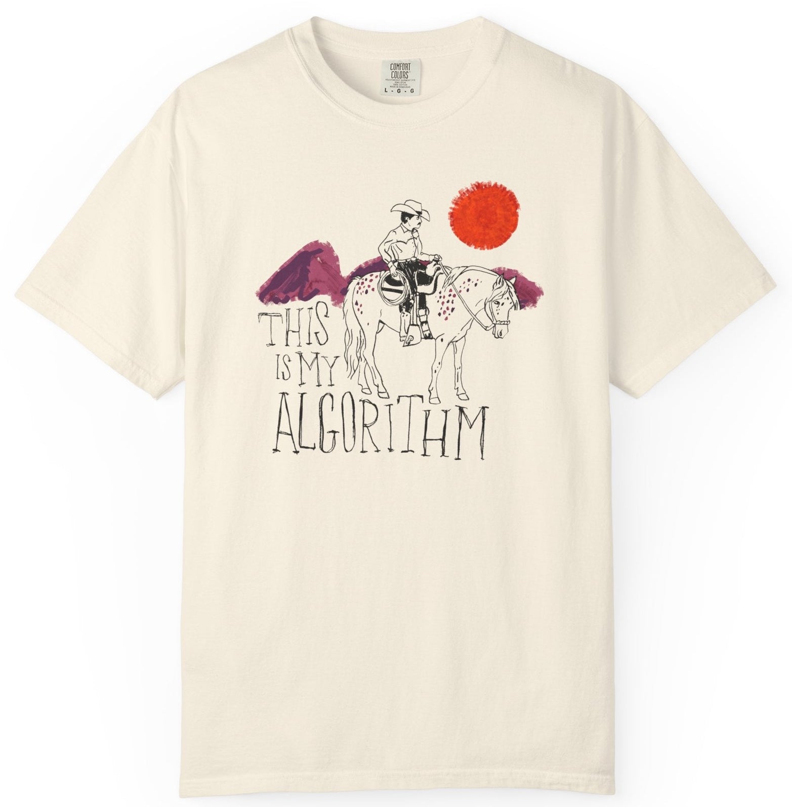 Beige t-shirt with graphic design and text 'This is my algorithm' on a white background