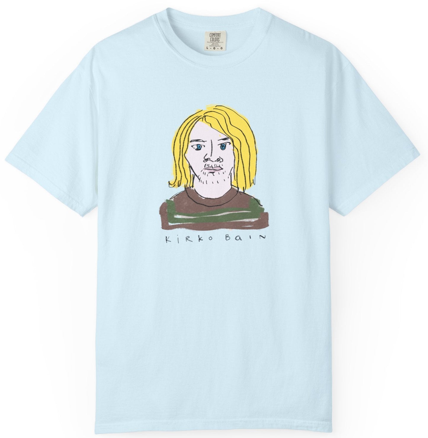 A light blue short-sleeve t-shirt featuring a cartoon illustration of a blonde man with a mustache and the text 'LICKS BAIN' printed below, displayed flat against a white background.