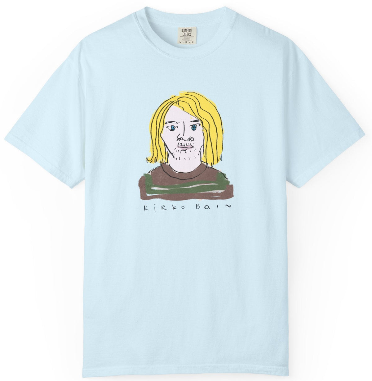 A light blue short-sleeve t-shirt featuring a cartoon illustration of a blonde man with a mustache and the text 'LICKS BAIN' printed below, displayed flat against a white background.