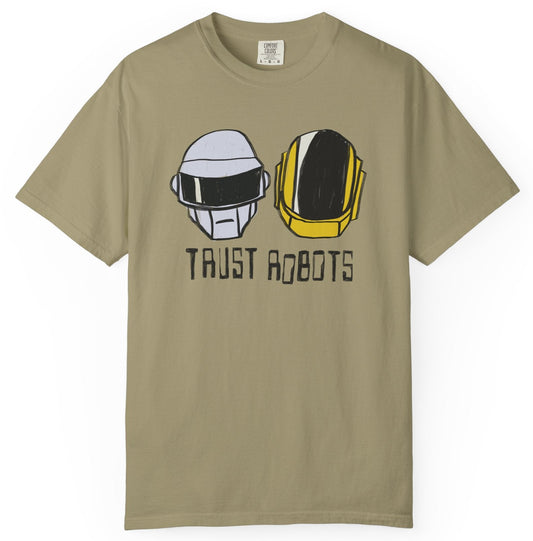 Beige t-shirt with robot helmets graphic and 'Trust Robots' text on a white background