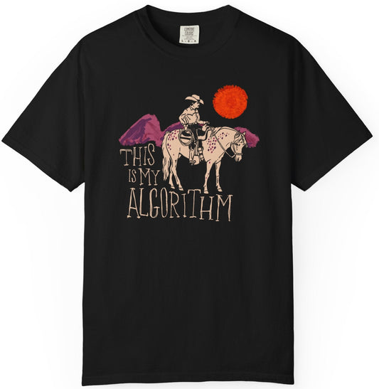 Black t-shirt with graphic design and text 'This is my algorithm' on a white background