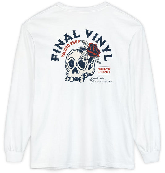 White long-sleeve shirt with a skull and text design on a white background