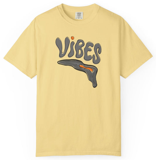 Yellow t-shirt with 'VIBES' and melting vinyl record