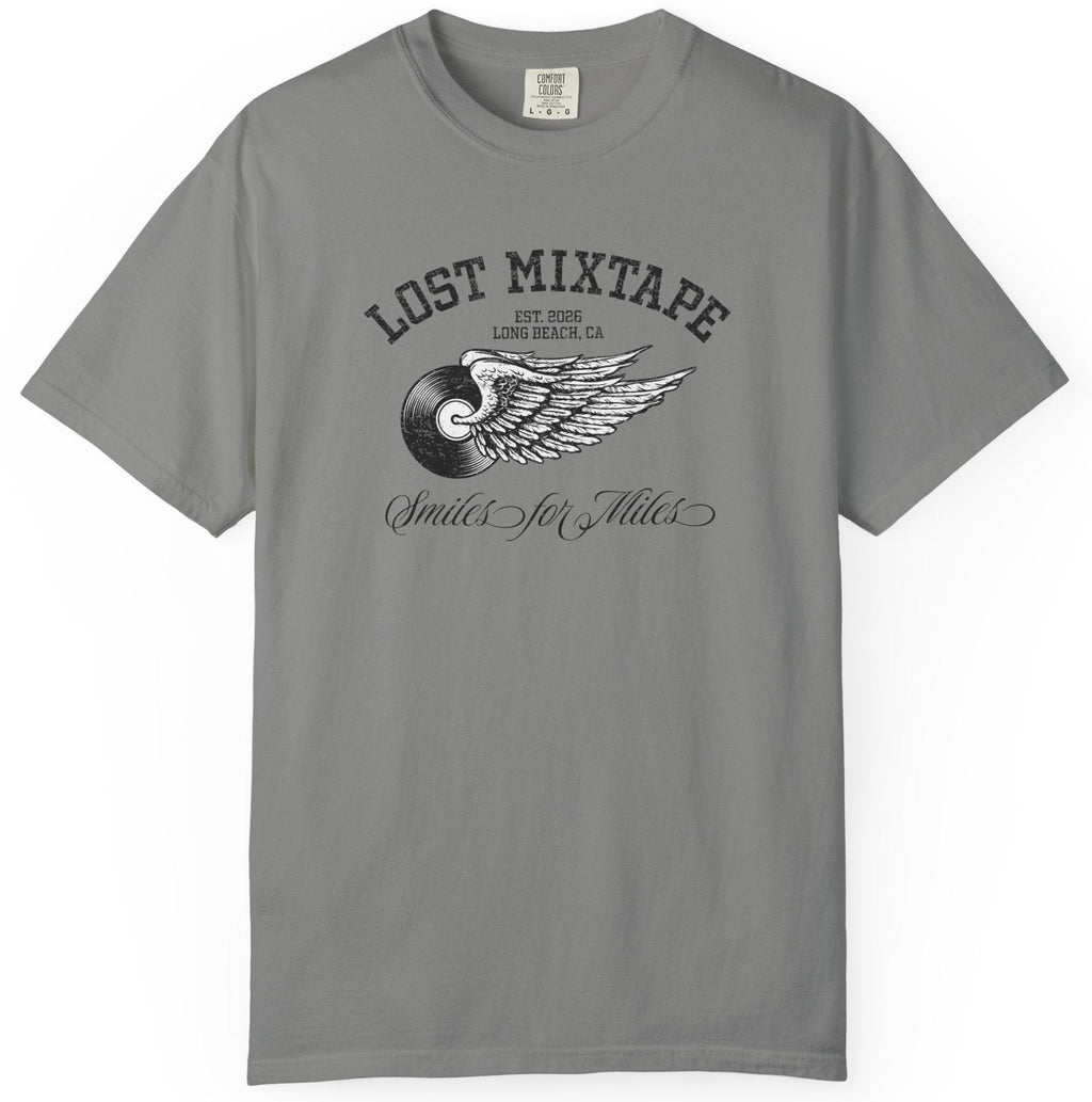 Gray t-shirt with 'Lost Mixtape' graphic design on a white background
