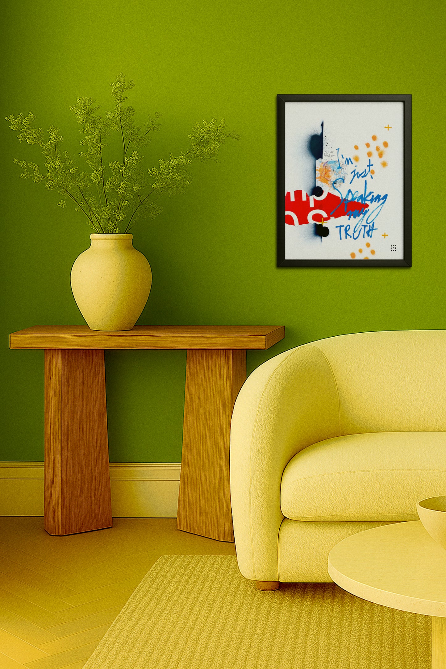 A framed abstract art print with the words 'I just drank TROTH' hangs on a bright green wall above a light yellow armchair and a wooden side table holding a cream vase with dried branches.