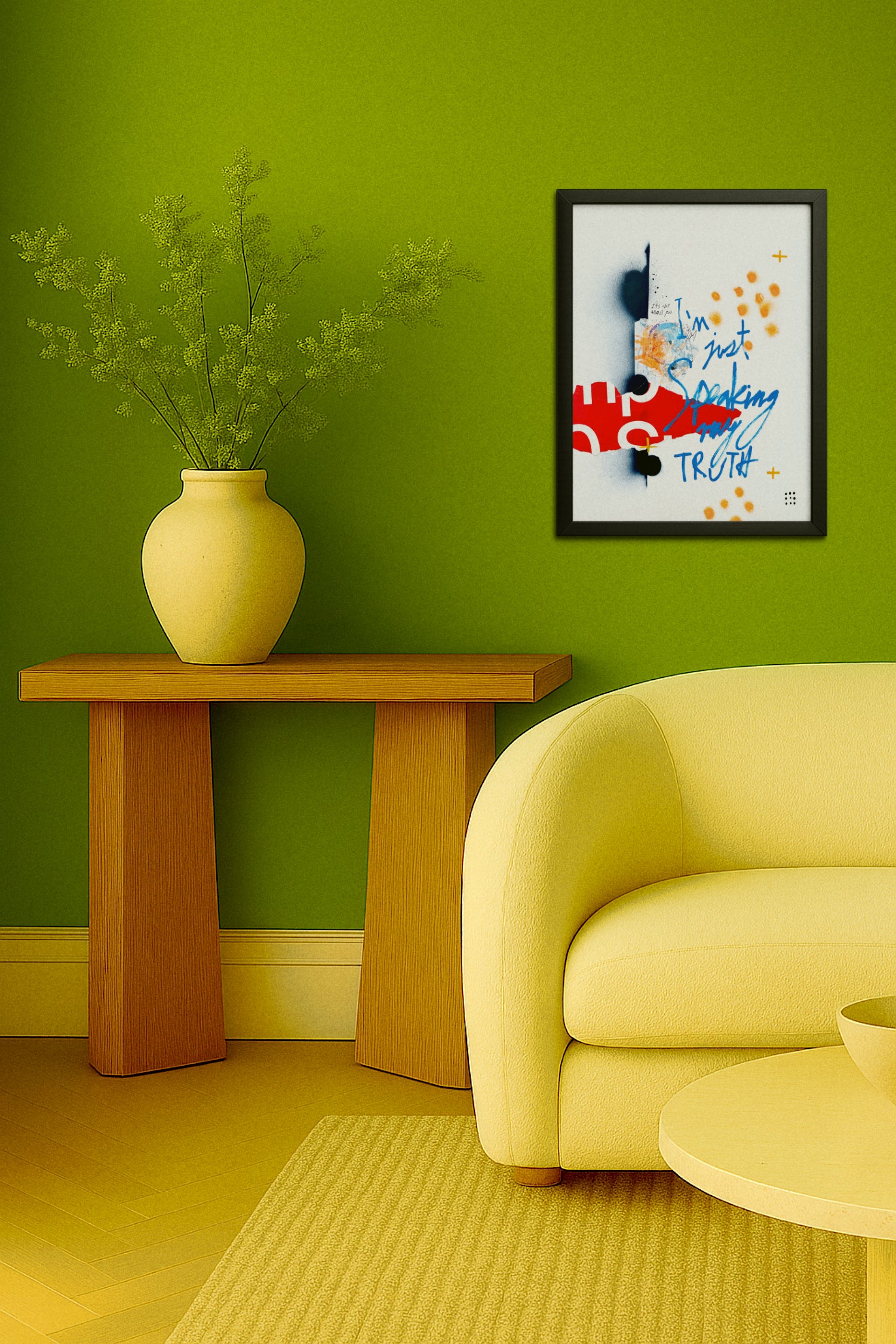 A framed abstract art print with the words 'I just drank TROTH' hangs on a bright green wall above a light yellow armchair and a wooden side table holding a cream vase with dried branches.