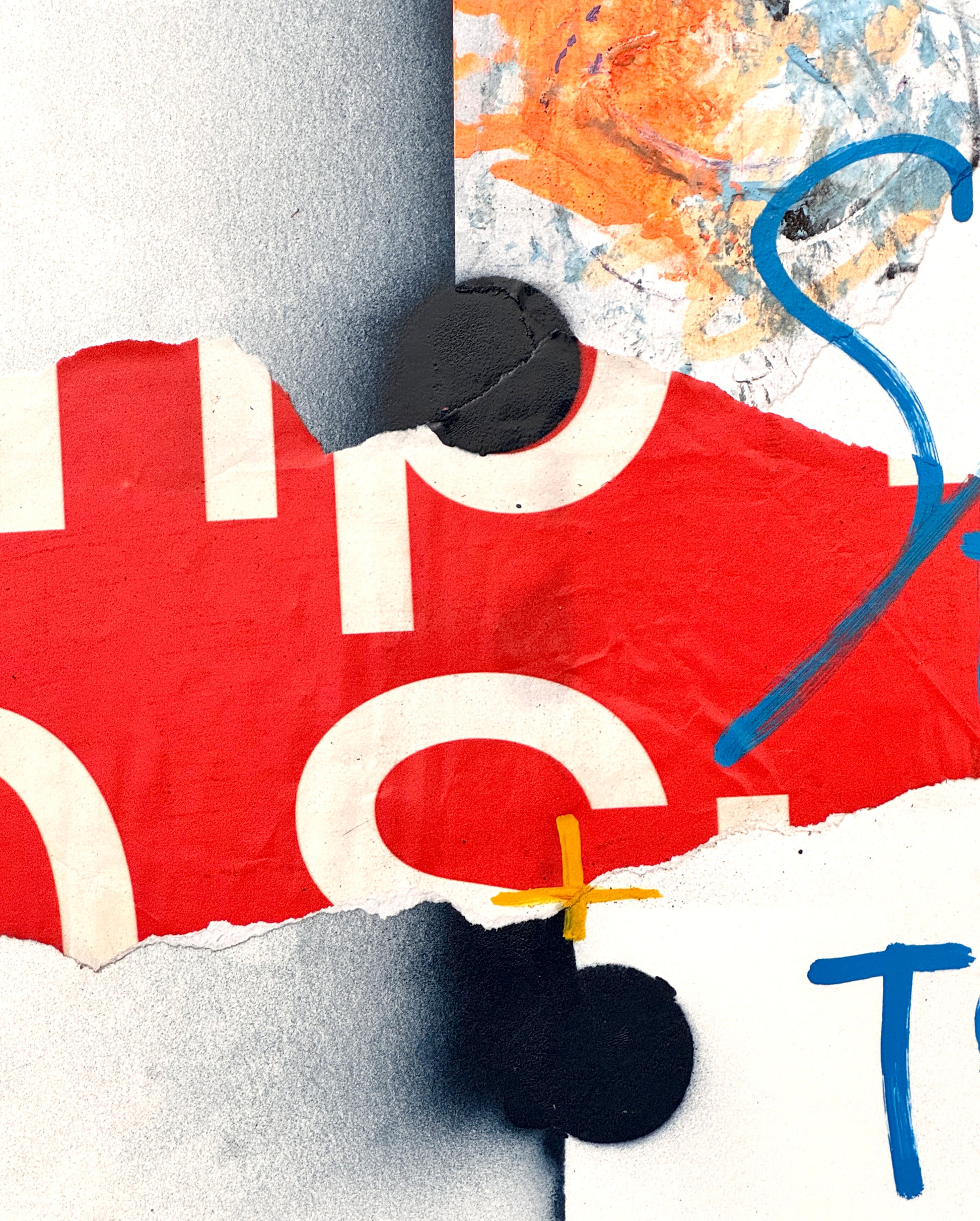 Abstract collage artwork detail featuring torn red paper with large white letterforms, layered over textured gray, orange, blue, black, and yellow elements.