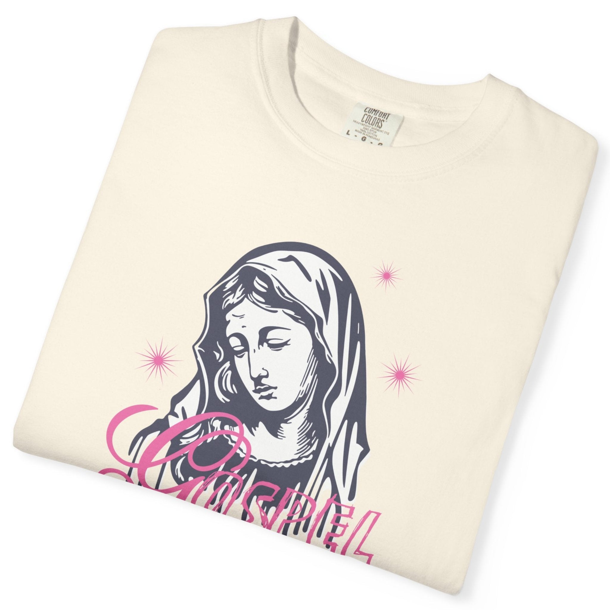 Folded cream-colored sweatshirt with a graphic design on a white background