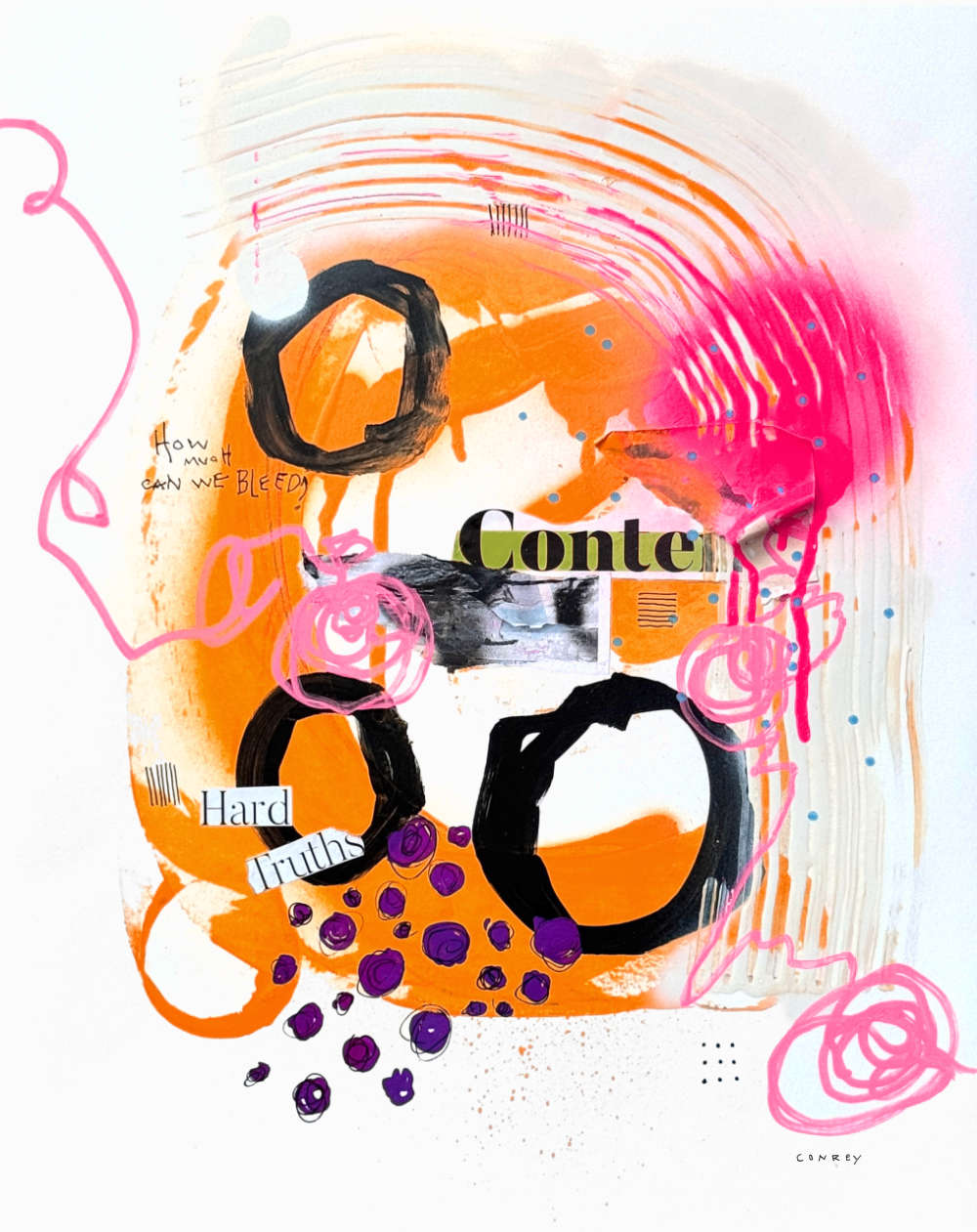 Abstract mixed-media artwork featuring bold orange and white paint washes, black circular brushstrokes, hot pink scribbled lines, purple dotted clusters, and collage-text elements including the word 'Conte'.