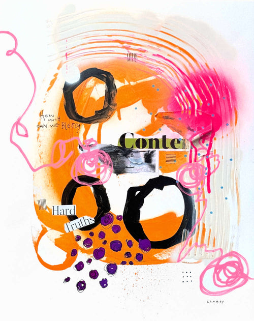 Abstract mixed-media artwork featuring bold orange and white paint washes, black circular brushstrokes, hot pink scribbled lines, purple dotted clusters, and collage-text elements including the word 'Conte'.