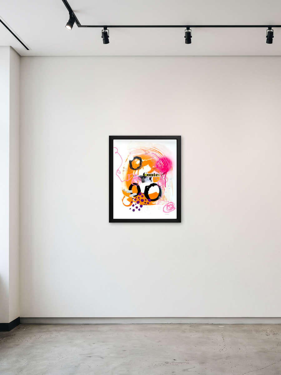 A framed abstract art print with vibrant orange, pink, and black brushstrokes on a white background, displayed on a minimalist gallery wall under track lighting.