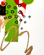 A detail image of an abstract mixed-media artwork featuring a bright green vertical textured shape, scattered black hand-drawn circles, tan sweeping brush strokes, red and white torn paper accents, and a small black symbol on a white background.