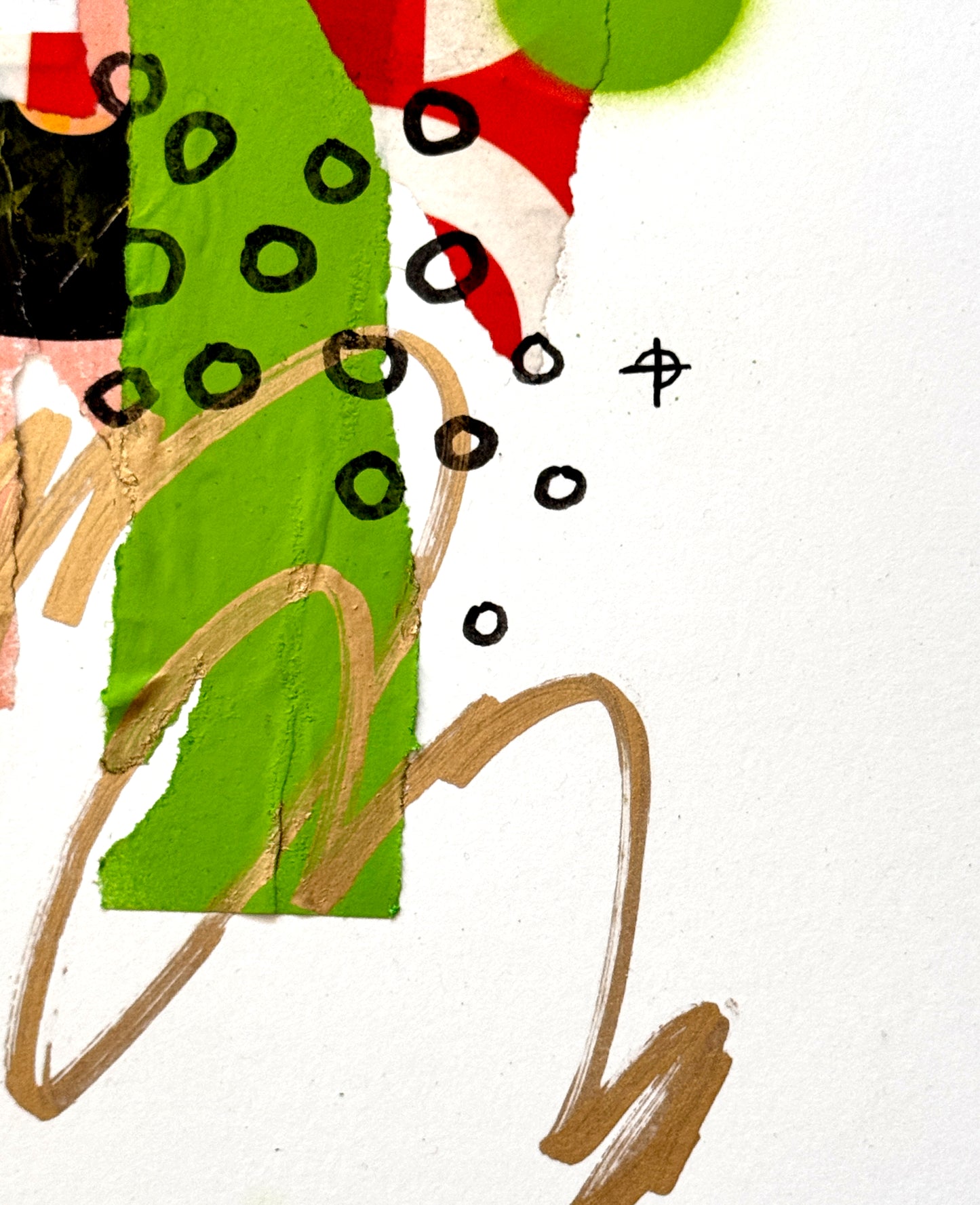 A detail image of an abstract mixed-media artwork featuring a bright green vertical textured shape, scattered black hand-drawn circles, tan sweeping brush strokes, red and white torn paper accents, and a small black symbol on a white background.