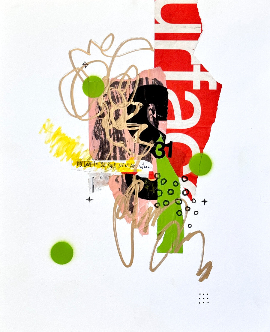 Abstract mixed-media collage artwork featuring torn red paper with white lettering, pink textured sheets, green circles, yellow scribbled marks, black ink shapes, and tan doodles on a white background.