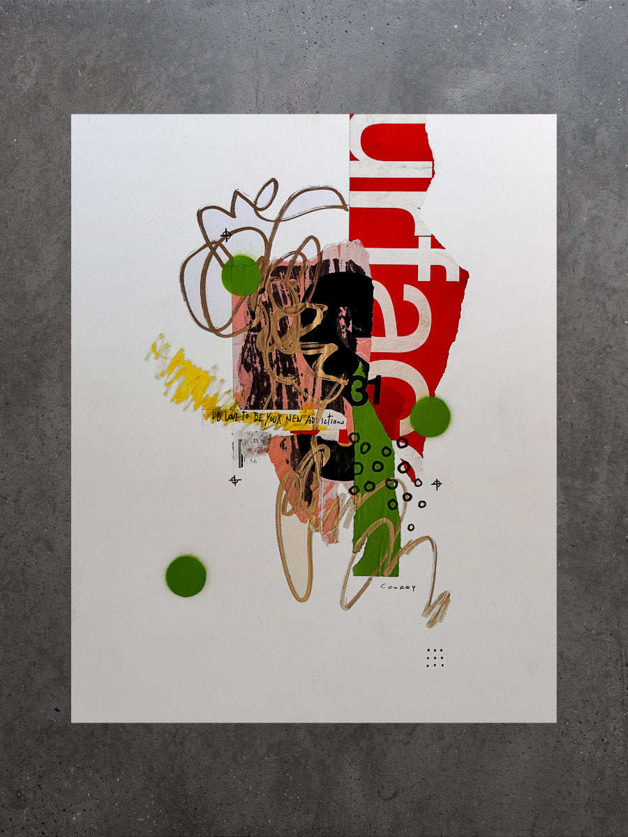 An mixed media abstract original work of art by dave conrey featuring a collage of red, green, black, yellow, and brown elements on a white background, displayed against a textured gray wall.